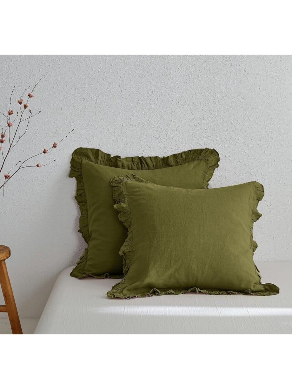 Linen Euro Sham Covers Set of 2, Ruffle 26x26 Inch Pillow Shams, Olive Green